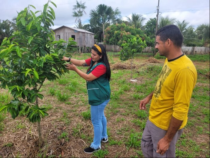 A técnica de campo, Priscilla Pacheco, em atendimento à propriedade do produtor da cadeia de olericultura atendido pela ATeG, em Boca do Acre, Antônio Silva
